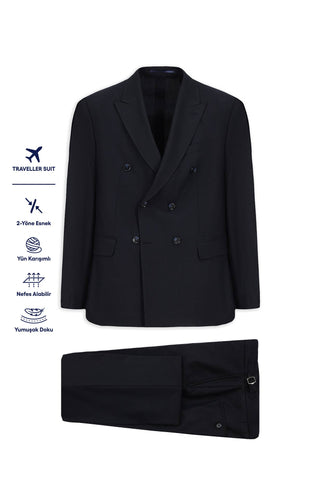 Koyu Lacivert 6 Drop Regular Fit Standart Kesim Yünlü Kruvaze Beli Tokalı Traveller Suit Çantalı Takım Elbise