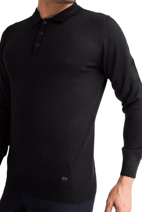 Black Polo Collar Regular Fit Wool Knit Sweater
