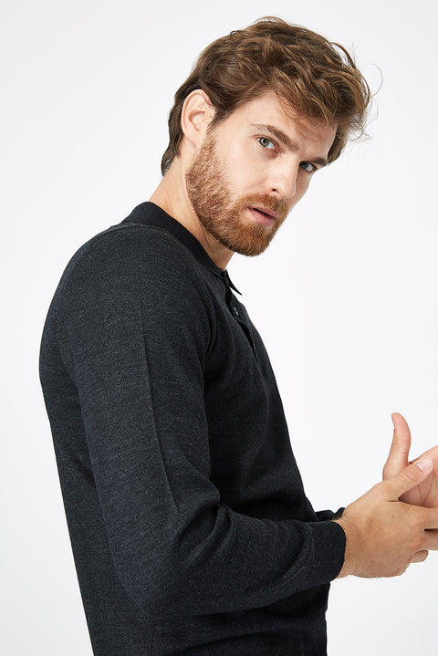 Anthracite Polo Collar Regular Fit Wool Knit Sweater