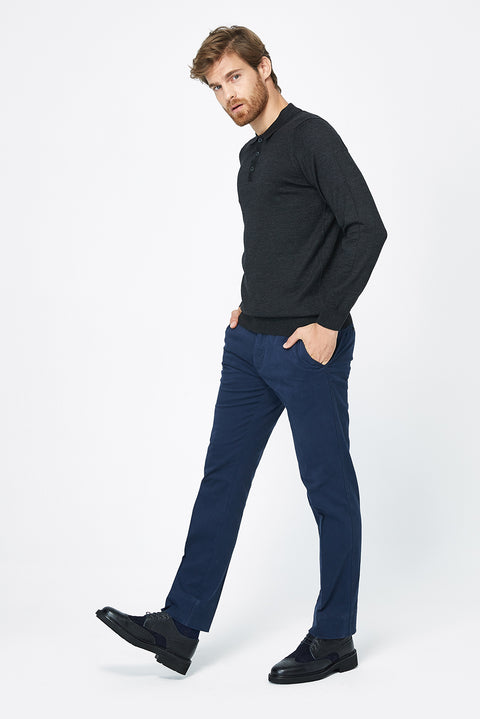 Anthracite Polo Collar Regular Fit Wool Knit Sweater