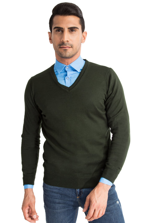 Koyu Yesil V Yaka Regular Fit Yünlü Triko Kazak