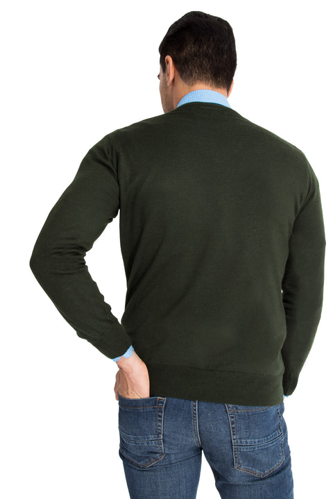 Koyu Yesil V Yaka Regular Fit Yünlü Triko Kazak