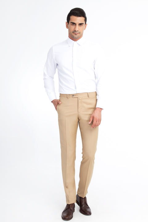 Beige 6 Drop Regular Fit Standard Cut Classic Fabric Wool Trousers