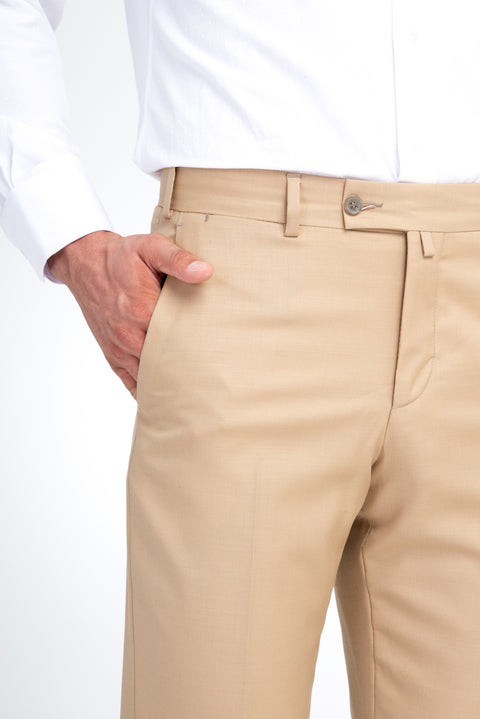 Beige 6 Drop Regular Fit Standard Cut Classic Fabric Wool Trousers
