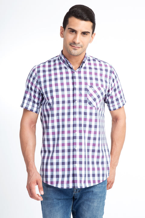 Purple Short Sleeve Regular Fit Plaid Cotton Shirt