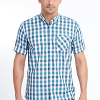 Dark Green Short Sleeve Regular Fit Plaid Cotton Shirt