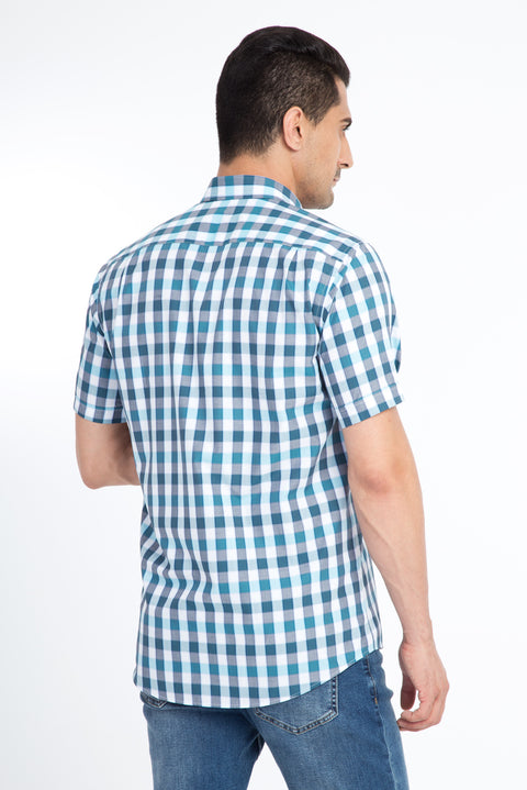 Dark Green Short Sleeve Regular Fit Plaid Cotton Shirt