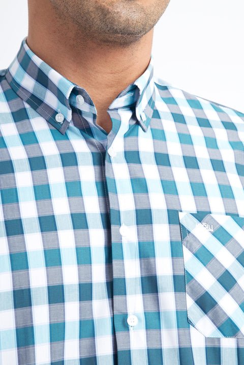 Dark Green Short Sleeve Regular Fit Plaid Cotton Shirt