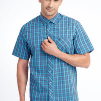 Blue Short Sleeve Regular Fit Plaid Cotton Shirt