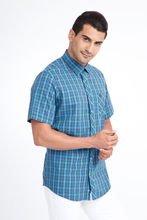 Blue Short Sleeve Regular Fit Plaid Cotton Shirt