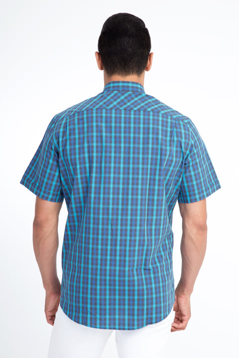 Blue Short Sleeve Regular Fit Plaid Cotton Shirt