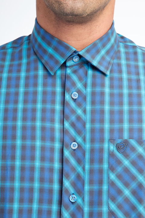 Blue Short Sleeve Regular Fit Plaid Cotton Shirt