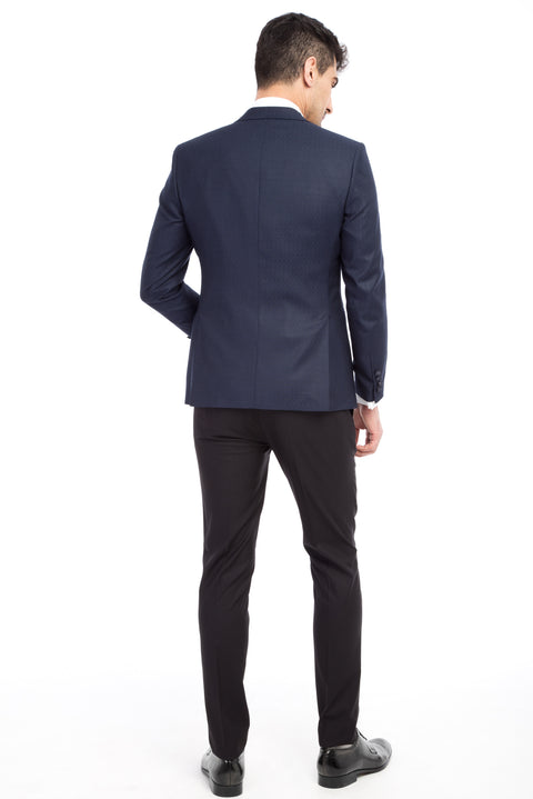 Lacivert 7 Drop Slim Fit Dar Kesim Mono Yaka Desenli Yelekli Smokin & Damatlık