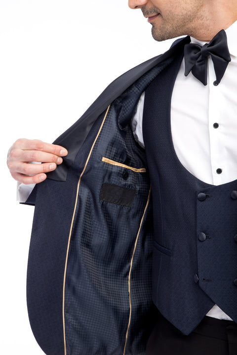Lacivert 7 Drop Slim Fit Dar Kesim Mono Yaka Desenli Yelekli Smokin & Damatlık