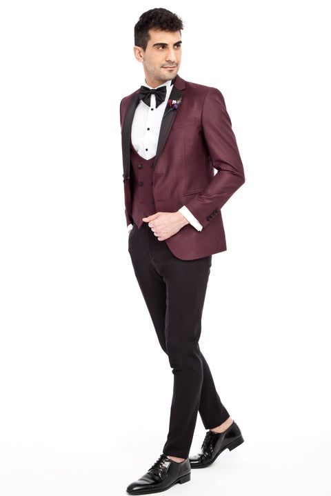 Bordo 7 Drop Slim Fit Dar Kesim Mono Yaka Desenli Yelekli Smokin & Damatlık