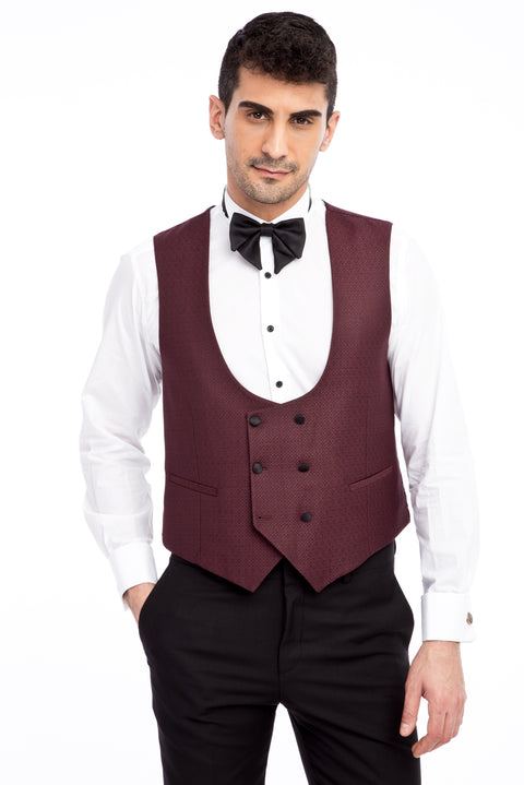 Bordo 7 Drop Slim Fit Dar Kesim Mono Yaka Desenli Yelekli Smokin & Damatlık
