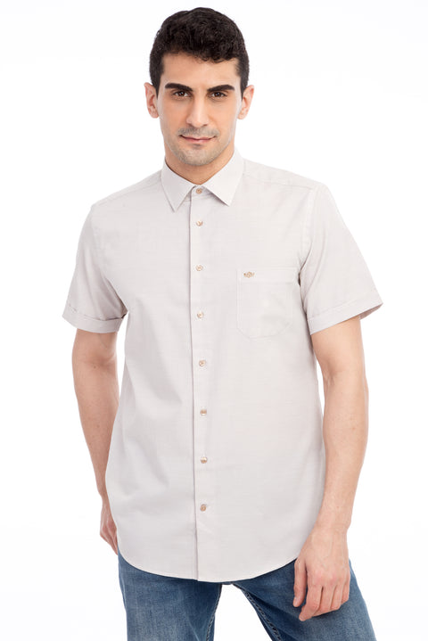 Beige Short-Sleeved Patterned Classic Shirt