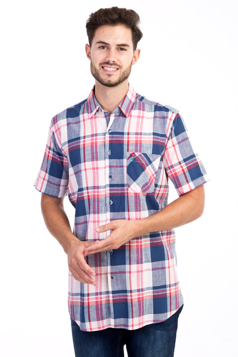 Pink Short-Sleeve Regular Fit Plaid Shirt