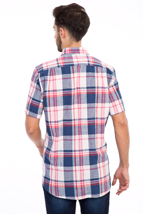 Pink Short-Sleeve Regular Fit Plaid Shirt