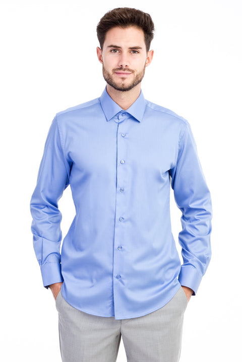 Blue Long Sleeve Slim Fit Non-Iron Sateen Shirt