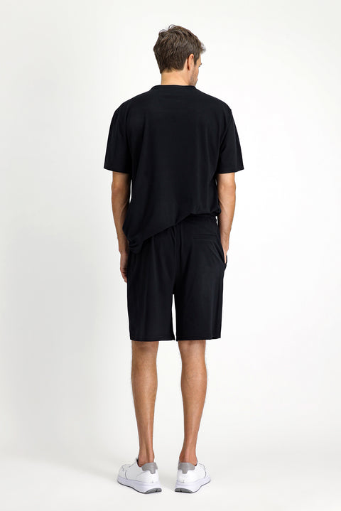 Black Short Sleeve Crew Neck 3-Piece Pajama Set with Shorts