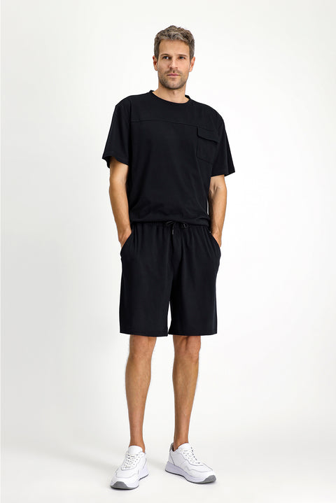 Black Short Sleeve Crew Neck 3-Piece Pajama Set with Shorts