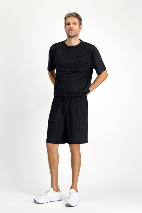 Black Short Sleeve Crew Neck 3-Piece Pajama Set with Shorts
