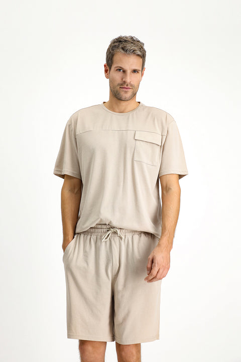Medium Mink Short Sleeve Crew Neck 3-Piece Pajama Set with Shorts