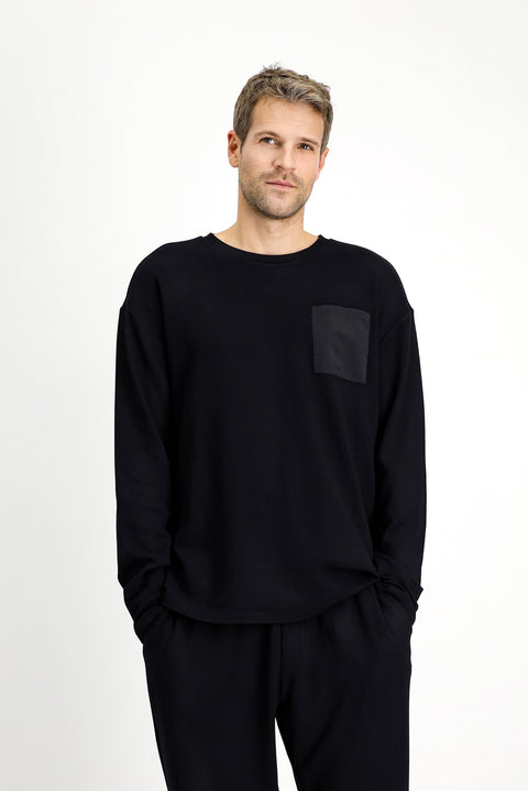 Black Long Sleeve Crew Neck 3-Piece Pajama Set with Shorts