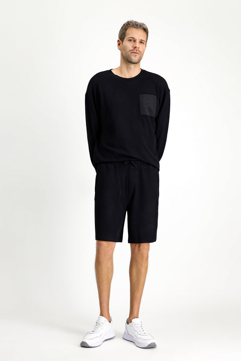 Black Long Sleeve Crew Neck 3-Piece Pajama Set with Shorts