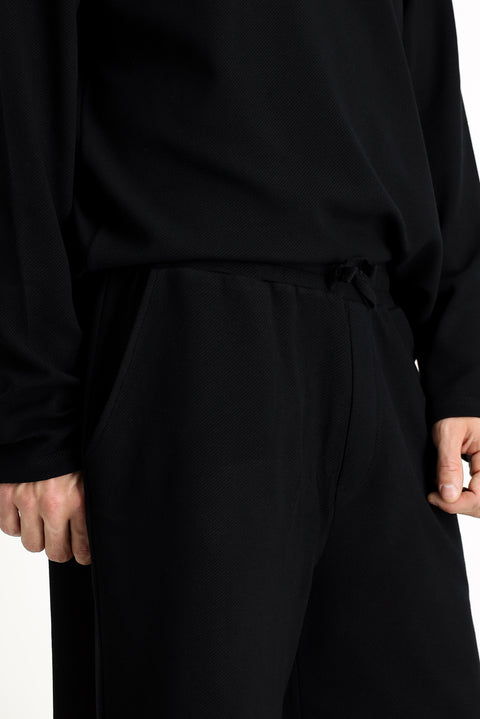 Black Long Sleeve Crew Neck 3-Piece Pajama Set with Shorts