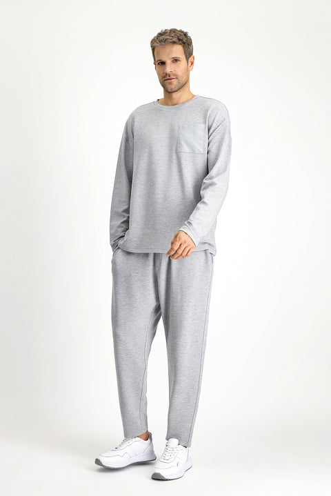 Medium Grey Melange Long Sleeve Crew Neck 3-Piece Pajama Set with Shorts