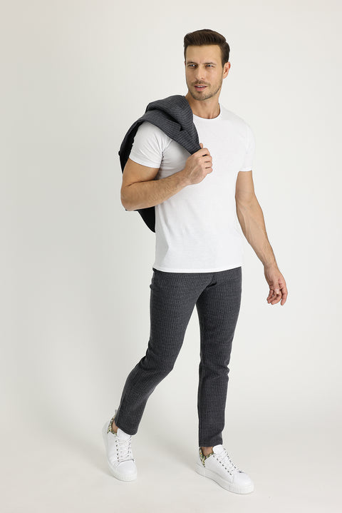 Koyu Antrasit 7 Drop Slim Fit Dar Kesim Yünlü Beli Lastikli İpli Çizgili Kumaş Pantolon
