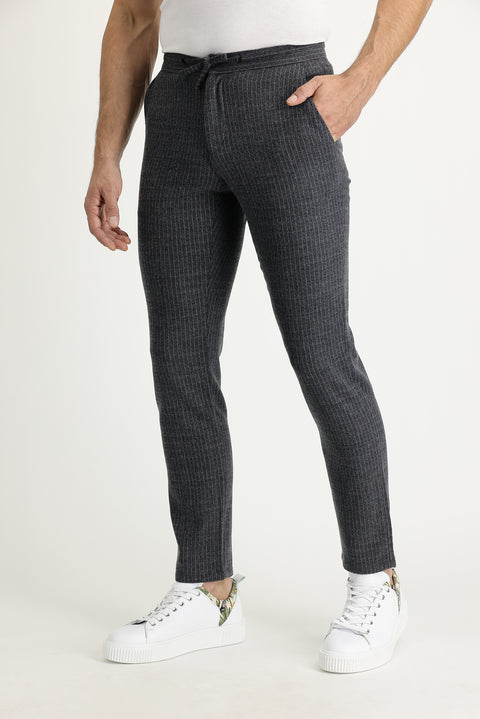 Koyu Antrasit 7 Drop Slim Fit Dar Kesim Yünlü Beli Lastikli İpli Çizgili Kumaş Pantolon