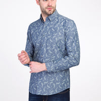 Light Navy Blue Long Sleeve Patterned Slim Fit Narrow Cut Cotton Shirt