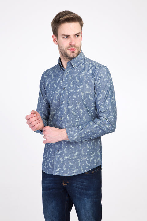 Light Navy Blue Long Sleeve Patterned Slim Fit Narrow Cut Cotton Shirt
