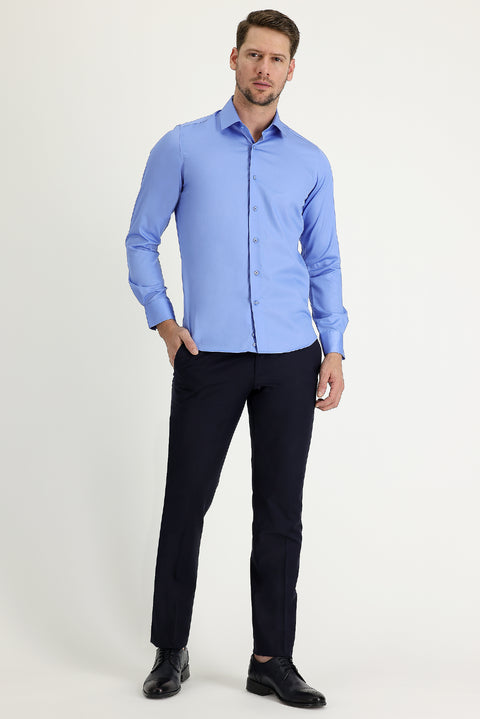Koyu Mavi Uzun Kol Non Iron Slim Fit Dar Kesim Gömlek