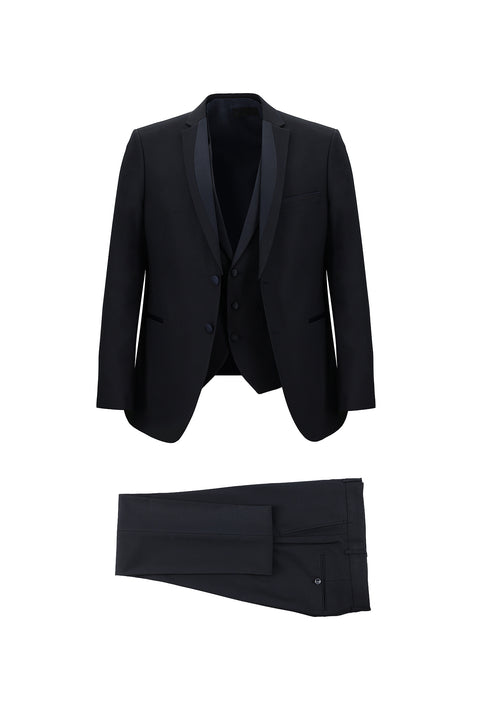 Dark Navy 7 Drop Slim Fit Narrow Cut Mono Collar Vest Tuxedo & Groom Suit