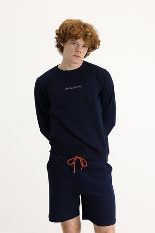 Orta Lacivert Bisiklet Yaka Nakışlı Pamuklu Sweatshirt