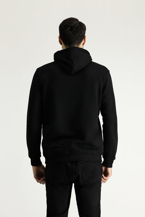 Black Hooded Regular Fit Cotton Embroidered 3-Thread Sweatshirt