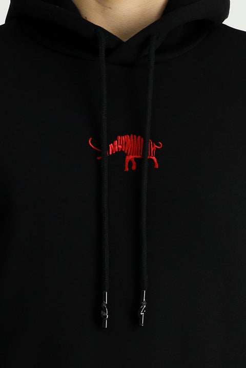 Black Hooded Regular Fit Cotton Embroidered 3-Thread Sweatshirt