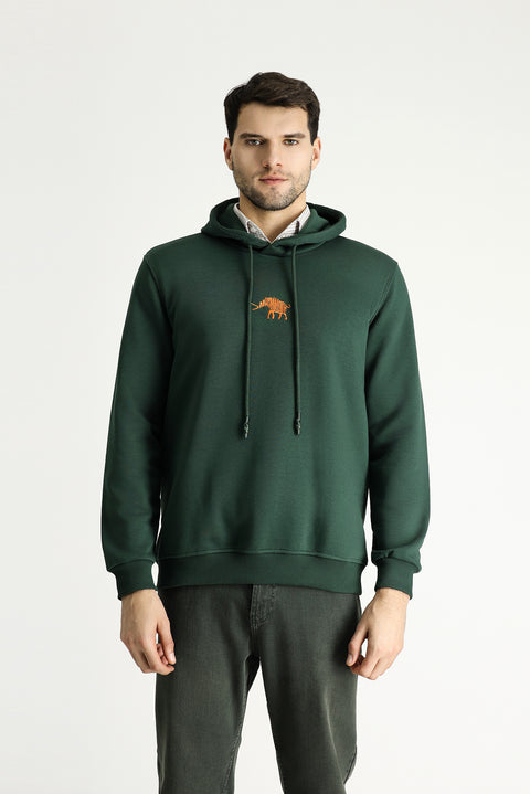 Koyu Yeşil Kapüşonlu Regular Fit Pamuklu Nakışlı 3 İplik Sweatshirt