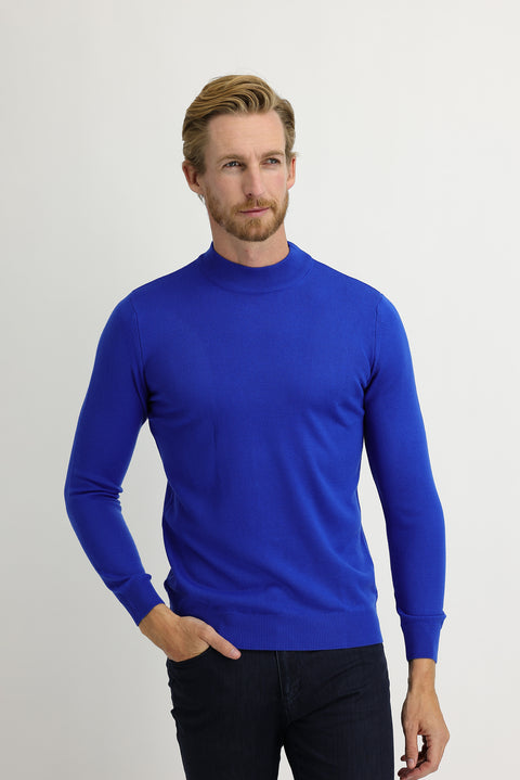Cobalt Blue Semi-Turtleneck Regular Fit Knit Sweater