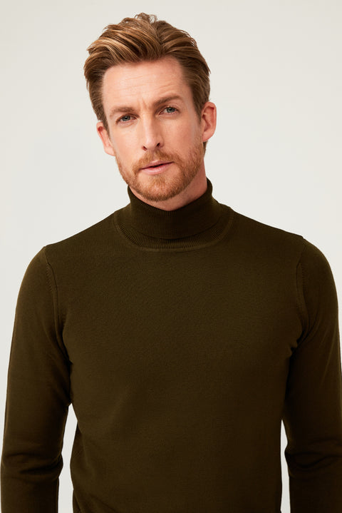 Medium Khaki Turtleneck Regular Fit Knit Sweater