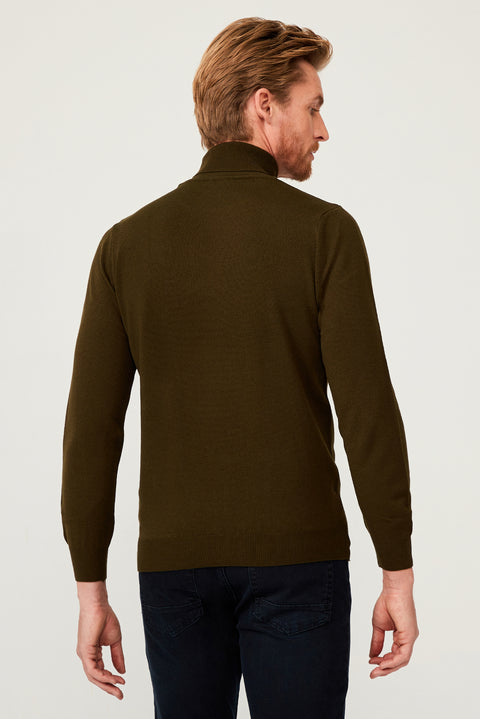 Medium Khaki Turtleneck Regular Fit Knit Sweater
