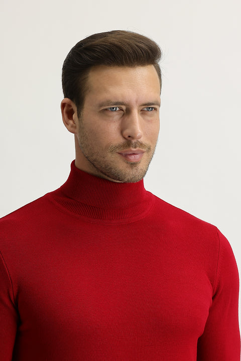 Red Turtleneck Regular Fit Knitted Sweater
