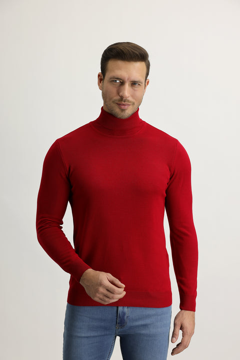 Red Turtleneck Regular Fit Knitted Sweater