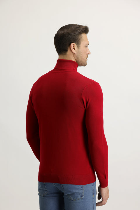 Red Turtleneck Regular Fit Knitted Sweater