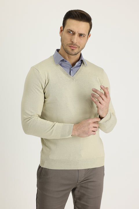 Dark Beige V-Neck Regular Fit Knitwear Sweater
