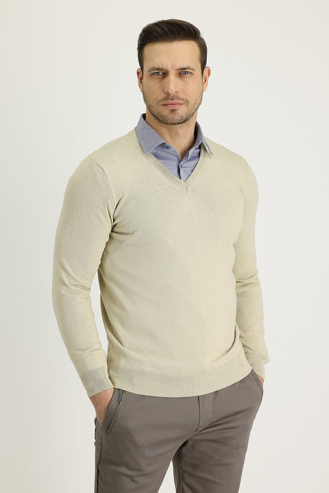 Dark Beige V-Neck Regular Fit Knitwear Sweater
